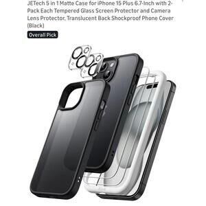 JETech 5 in 1 Matte Case for iPhone 15 Plus 6.7-Inch with 2-Pack Tempere